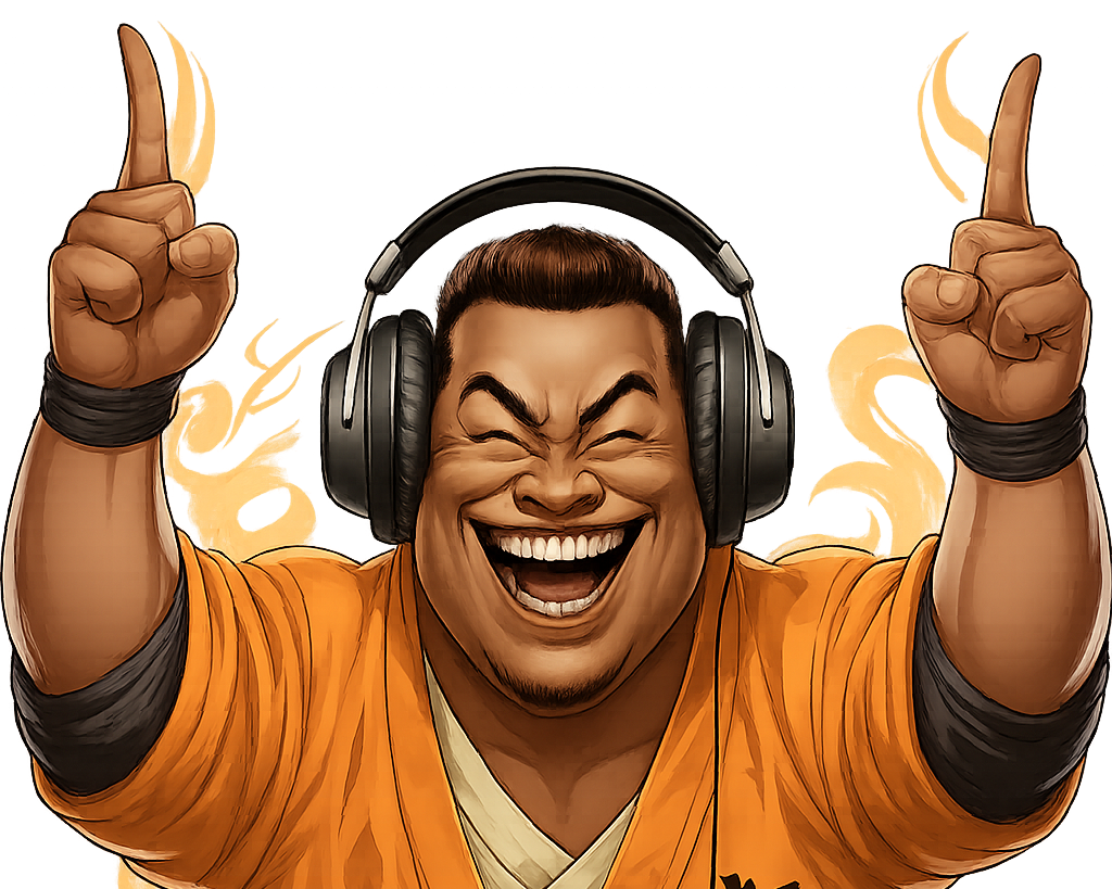 PodSumo character - a joyful monk-like figure with headphones pointing upward with both hands in a wide pose